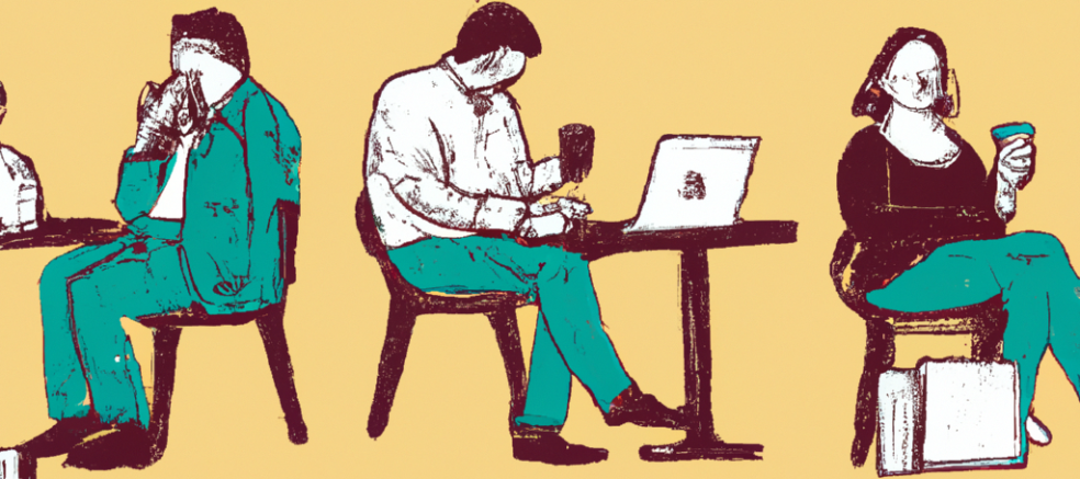 Illustration of people in a coffee shop using their devices